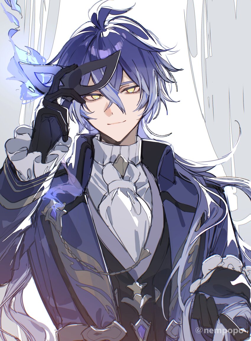 1boy, absurdres, antenna_hair, arm_up, ascot, black_gloves, black_vest, blue_fire, blue_hair, blue_jacket, closed_mouth, commentary_request, crossed_bangs, curtains, double-parted_bangs, empty_eyes, eye_mask, fire, flins_(genshin_fes_2026)_(genshin_impact), flins_(genshin_impact), floating_hair, frilled_sleeves, frills, genshin_impact, gloves, highres, holding, holding_mask, jacket, lapels, layered_sleeves, long_hair, looking_at_viewer, male_focus, mask, official_alternate_costume, open_clothes, open_jacket, shirt, shuukenyuu, smile, solo, suit_jacket, turtleneck, very_long_hair, vest, white_ascot, white_shirt, yellow_eyes