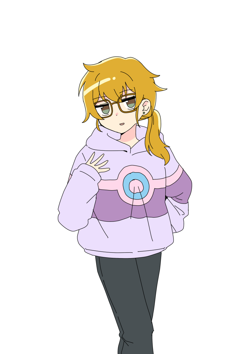 1girl, absurdres, bags_under_eyes, black_pants, brown-framed_eyewear, brown_hair, chan_mama, commentary_request