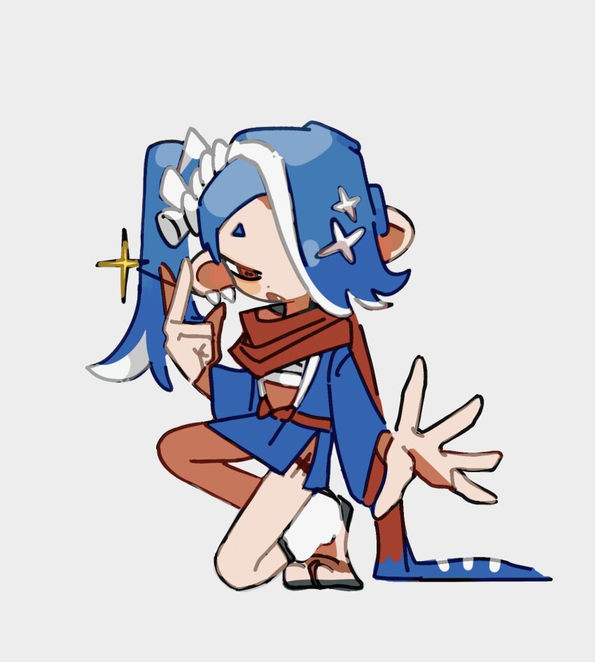 1girl, aluy01, blue_hair, chest_sarashi, hair_over_one_eye, highres, kneeling, ninja, nintendo, octoling, open_mouth, red_eyes, sandals, sarashi, scarf, shiver_(splatoon), solo, splatoon_(series), splatoon_3, tentacle_hair, thigh_strap