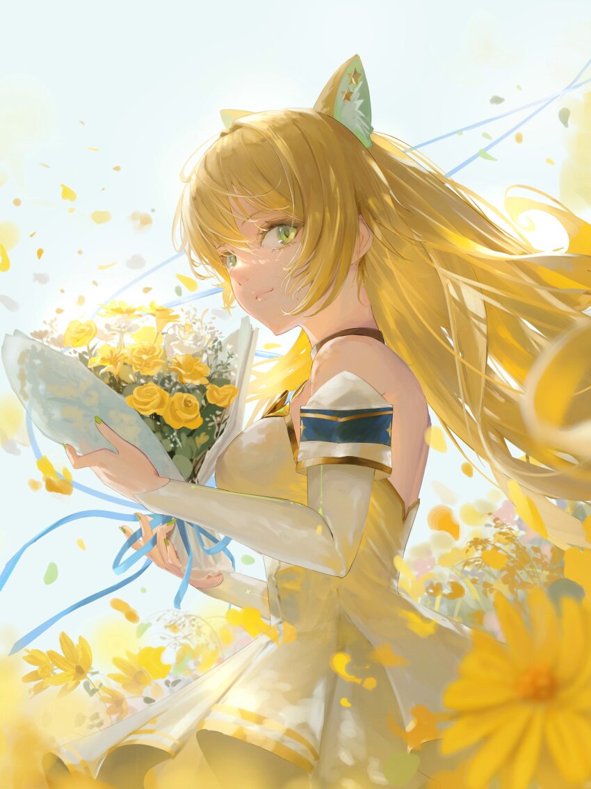 1girl, absurdres, aisha_(polygon_project), animal_ears, bare_shoulders, blonde_hair, cat_ears, closed_mouth