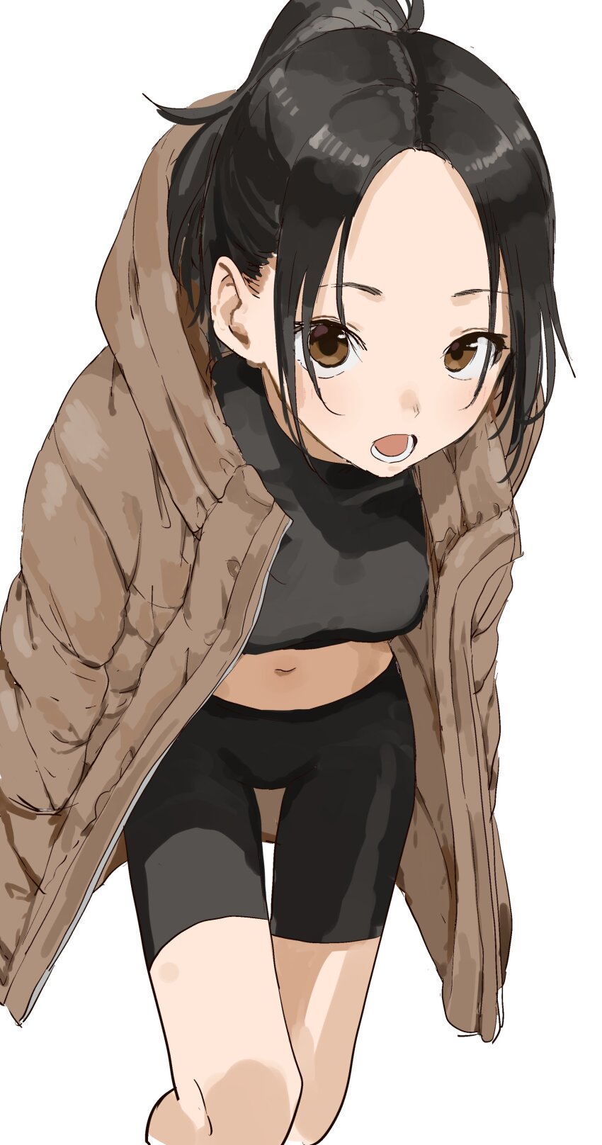 1girl, absurdres, bent_over, bike_shorts, black_hair, black_shirt, black_shorts, breasts