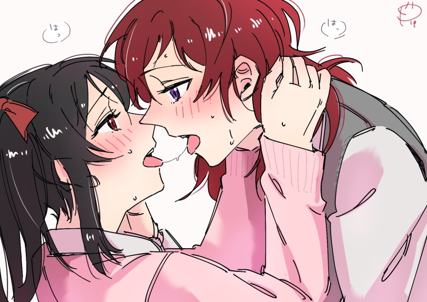 2girls, after_kiss, black_hair, breath, commentary_request, eye_contact, grey_sweater_vest, highres