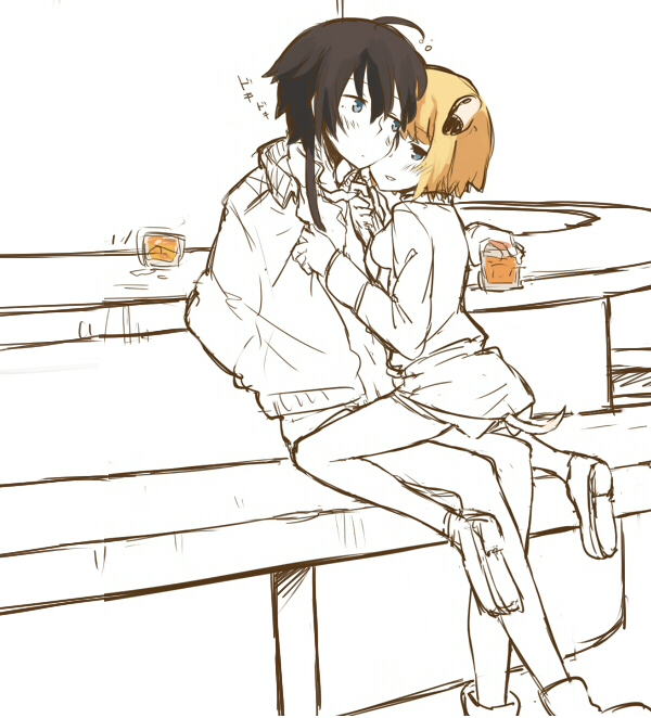 2girls, alcohol, animal_ears, black_hair, blonde_hair, blue_eyes, blush, chikiso