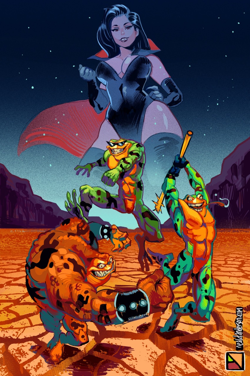 1girl, 3boys, apparition, artist_name, bare_shoulders, battletoads, black_gloves, black_hair