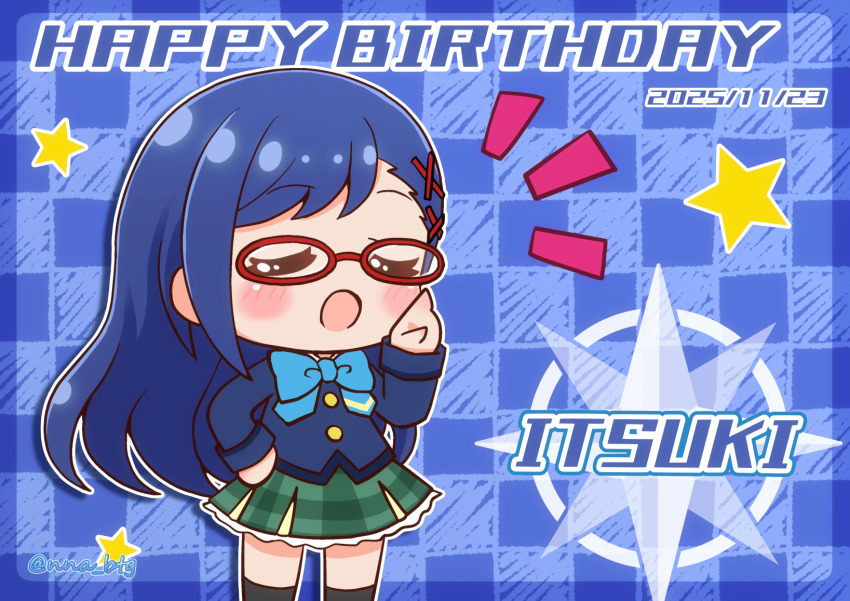 1girl, battle_girl_high_school, black_thighhighs, blazer, blue_background, blue_border, blue_bow, blue_hair