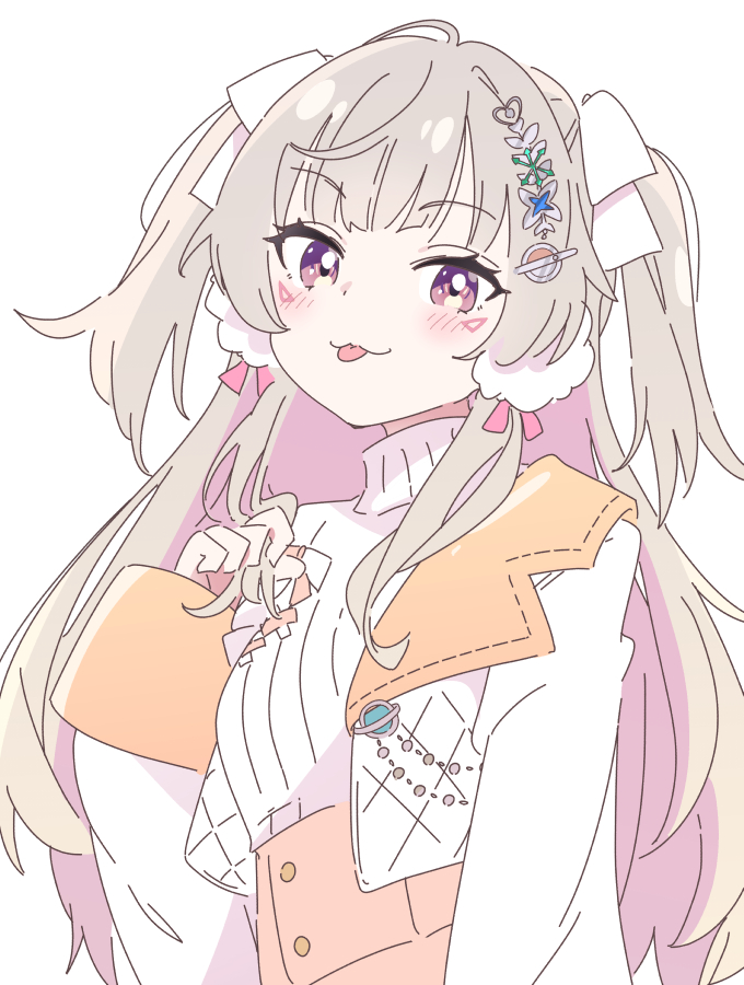 1girl, :3, :p, blush, brown_eyes, closed_mouth, colored_inner_hair, commentary, grey_hair, hair_ornament, hand_up, ixy, jacket, komori_met, komori_met_(7th_costume), long_hair, long_sleeves, looking_at_viewer, multicolored_hair, open_clothes, open_jacket, pink_hair, pom_pom_(clothes), pom_pom_hair_ornament, ribbed_sweater, simple_background, solo, sweater, untranslatable_commentary, tongue, tongue_out, two-tone_hair, two_side_up, upper_body, virtual_youtuber, vspo!, white_background, white_jacket, white_sweater