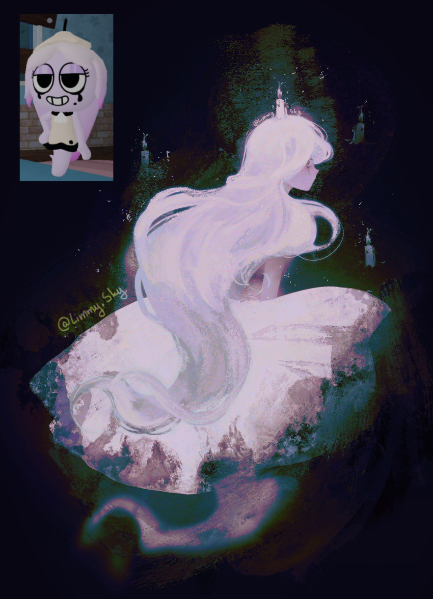 1girl, bags_under_eyes, black_background, black_eyes, candle, candle_on_head, commentary, connie_(dandy's_world)