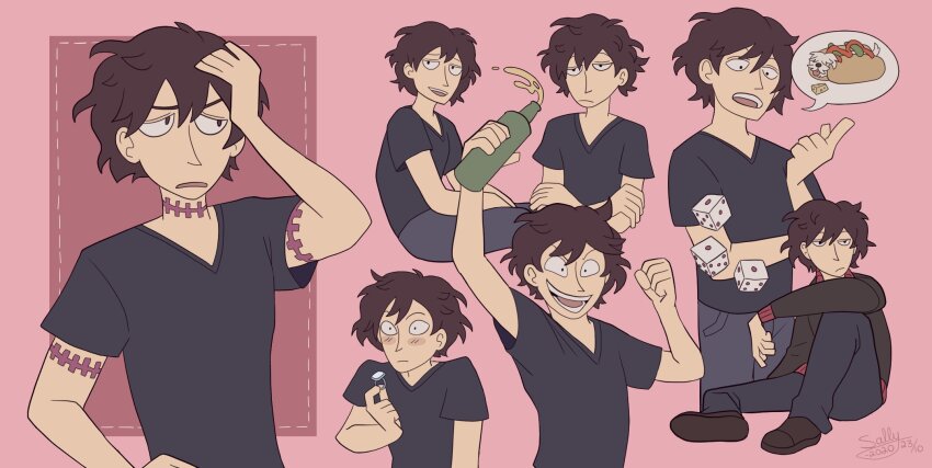 1boy, arm_up, black_shirt, black_shoes, blush, brown_eyes, brown_hair, cheese