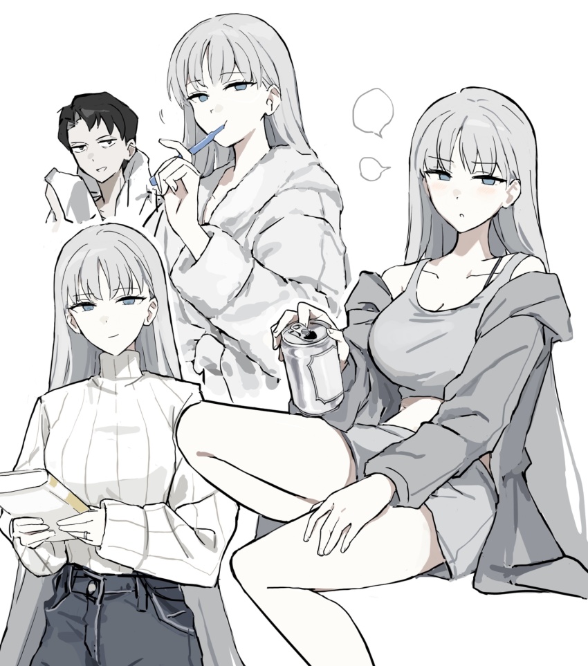 1boy, 1girl, angelica_(project_moon), beer_can, black_hair, black_pants, blue_eyes, book