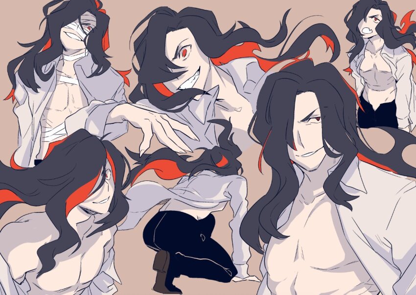 1boy, bandage_over_one_eye, bandaged_chest, bandages, bare_shoulders, black_hair, black_pants, collared_shirt