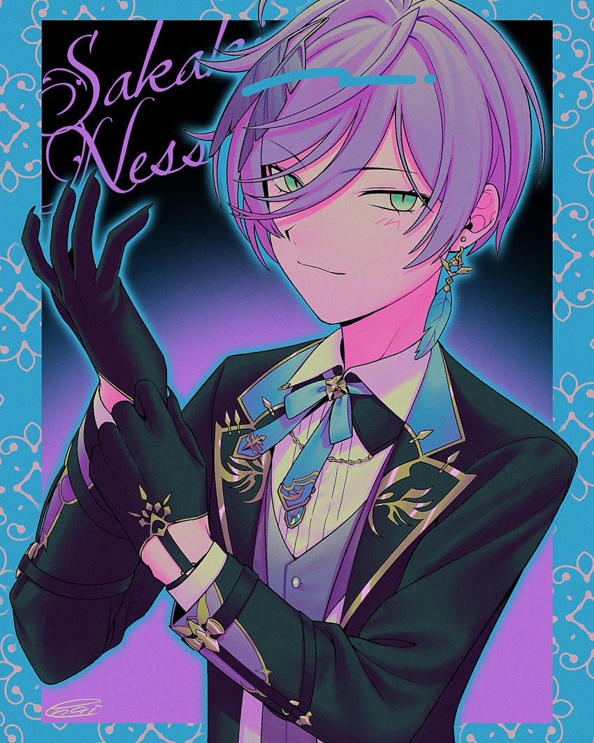 1boy, :3, absurdres, adjusting_clothes, adjusting_gloves, ahoge, androgynous, black_background