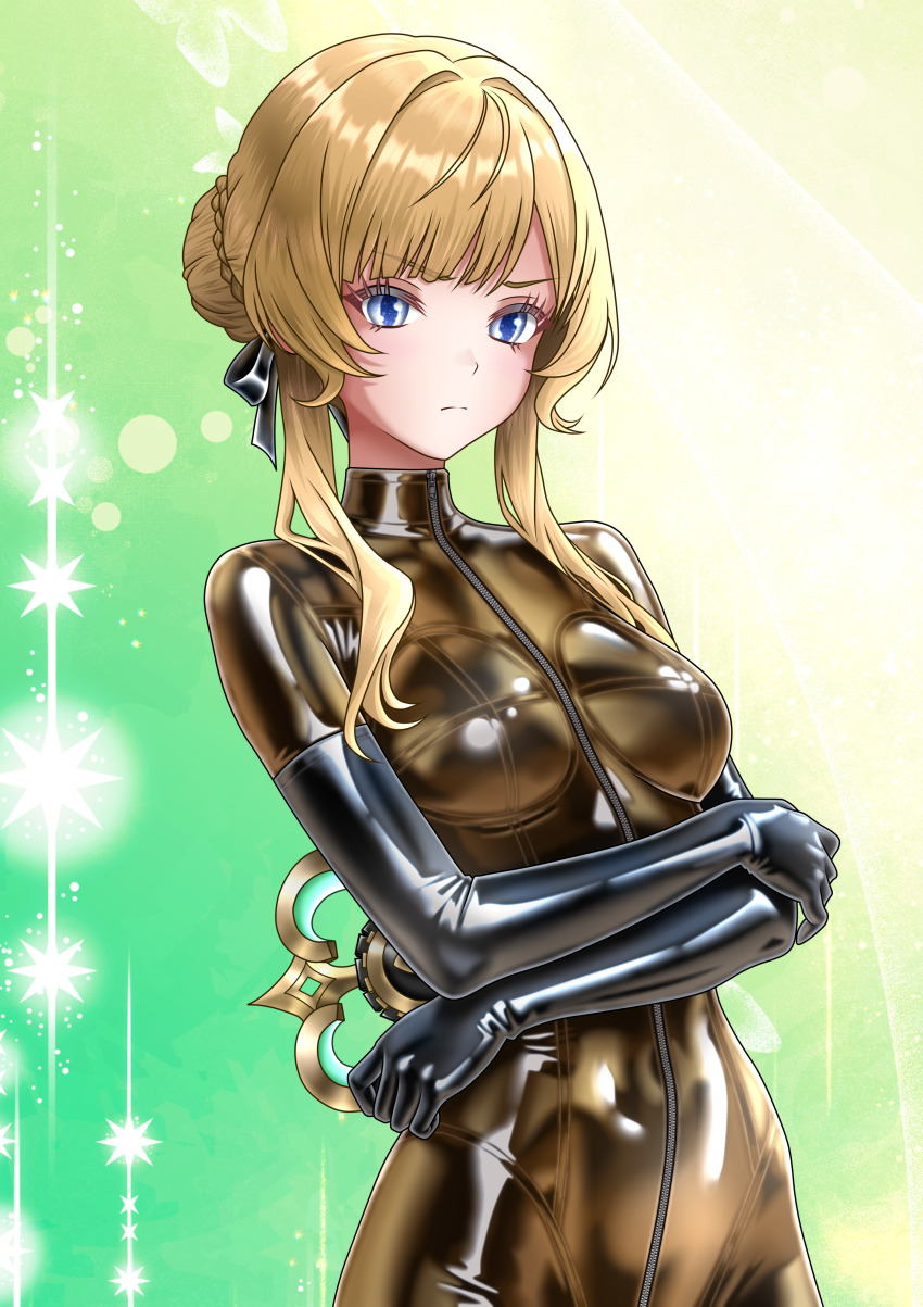 1girl, absurdres, arms_across_body, arms_under_breasts, black_gloves, blonde_hair, blue_eyes, bodysuit
