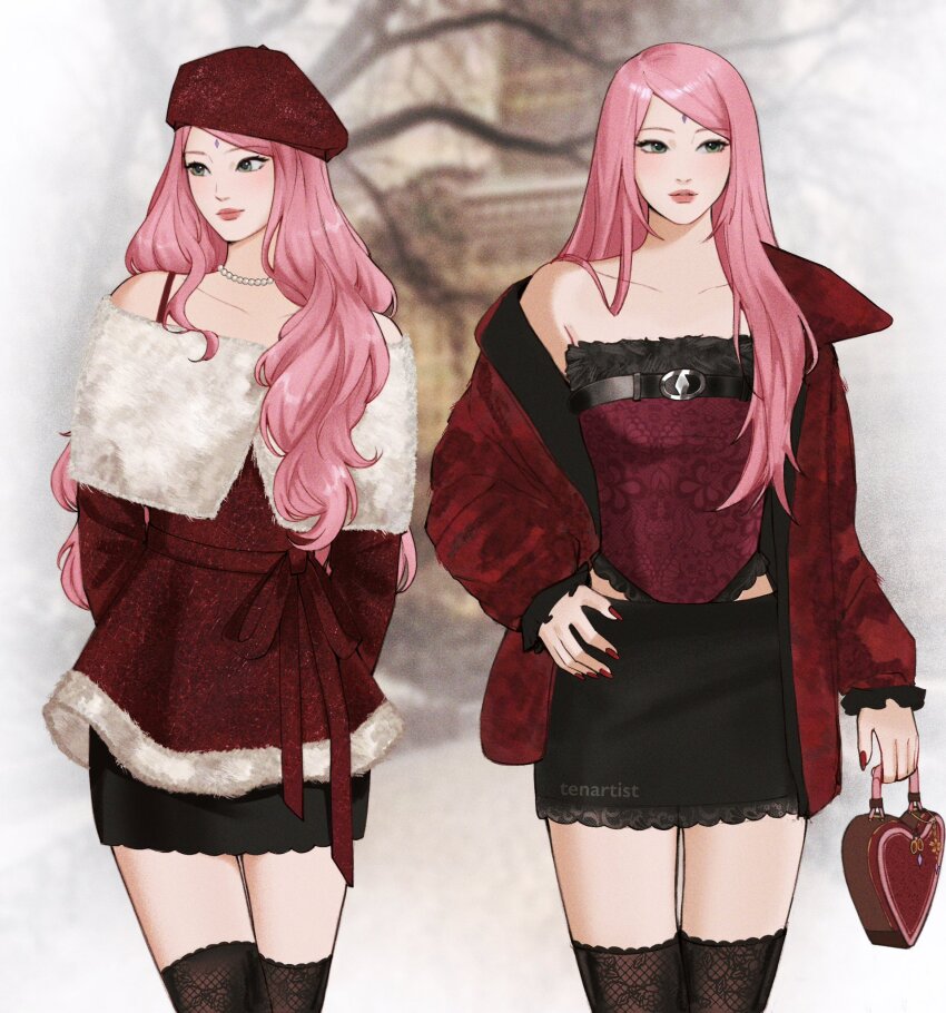 1girl, alternate_costume, alternate_hairstyle, arms_behind_back, artist_name, bag, belt_ribbon, beret, black_fur, black_skirt, black_thighhighs, blurry, blurry_background, border, bra_strap, bustier, chest_belt, closed_mouth, commentary, cowboy_shot, crossed_legs, eyelashes, facial_mark, fading_border, fashion, fingernails, forehead_mark, french_girly, frilled_bustier, frilled_sleeves, frills, fur-trimmed_bustier, fur-trimmed_jacket, fur_trim, glitter, green_eyes, hair_over_shoulder, hand_on_own_hip, haruno_sakura, hashtag-only_commentary, hat, heart-shaped_bag, highres, holding, holding_bag, jacket, jacket_partially_removed, lace, lace-trimmed_skirt, lace_print, lace_thighhighs, lace_trim, leather, leather_jacket, light_smile, long_fingernails, looking_to_the_side, multiple_views, naruto_(series), off-shoulder_jacket, off_shoulder, open_clothes, open_jacket, outside_border, pearl_choker, photo_background, red_bag, red_bustier, red_hat, red_jacket, red_nails, red_ribbon, ribbon, skirt, straight_hair, strapless, swept_bangs, untranslatable_commentary, tenartistt, thighhighs, watermark, watson_cross, white_border, y2k_fashion