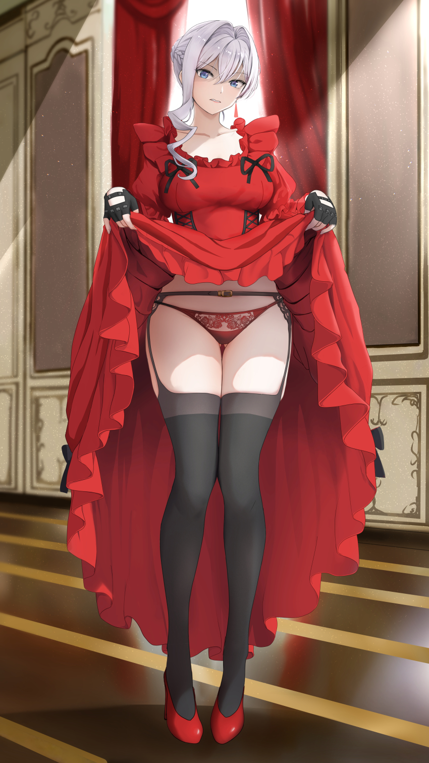 1girl, absurdres, black_garter_belt, black_gloves, black_panties, black_thighhighs, blue_eyes, breasts, commentary_request, dress, fingerless_gloves, garter_belt, gibun_(sozoshu), glaring, gloves, grey_hair, high_heels, highres, indoors, iya_na_kao_sare_nagara_opantsu_misete_moraitai, large_breasts, lifting_own_clothes, panties, parted_lips, red_dress, red_panties, red_shoes, saigo_ni_hitotsu_dake_onegai_shite_mo_yoroshii_deshou_ka, scarlet_el_vandimion, shoes, solo, thighhighs, underwear
