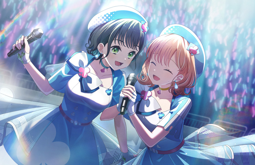 2girls, beret, black_hair, blue_choker, blue_dress, blue_hat, bow, breasts