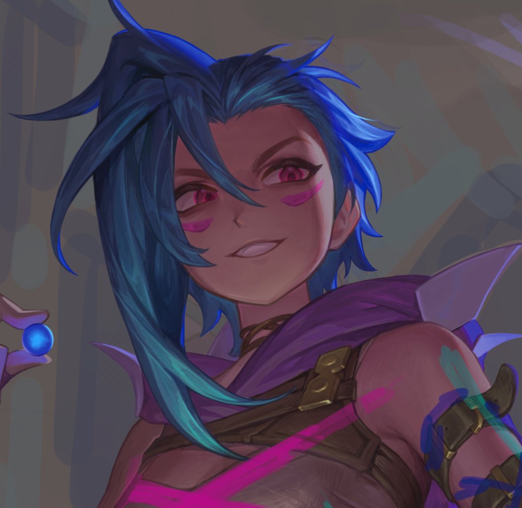 1girl, arcane:_league_of_legends, arcane_fractured_jinx, asymmetrical_bangs, bare_shoulders, blue_hair, furrype4ch, green_hair