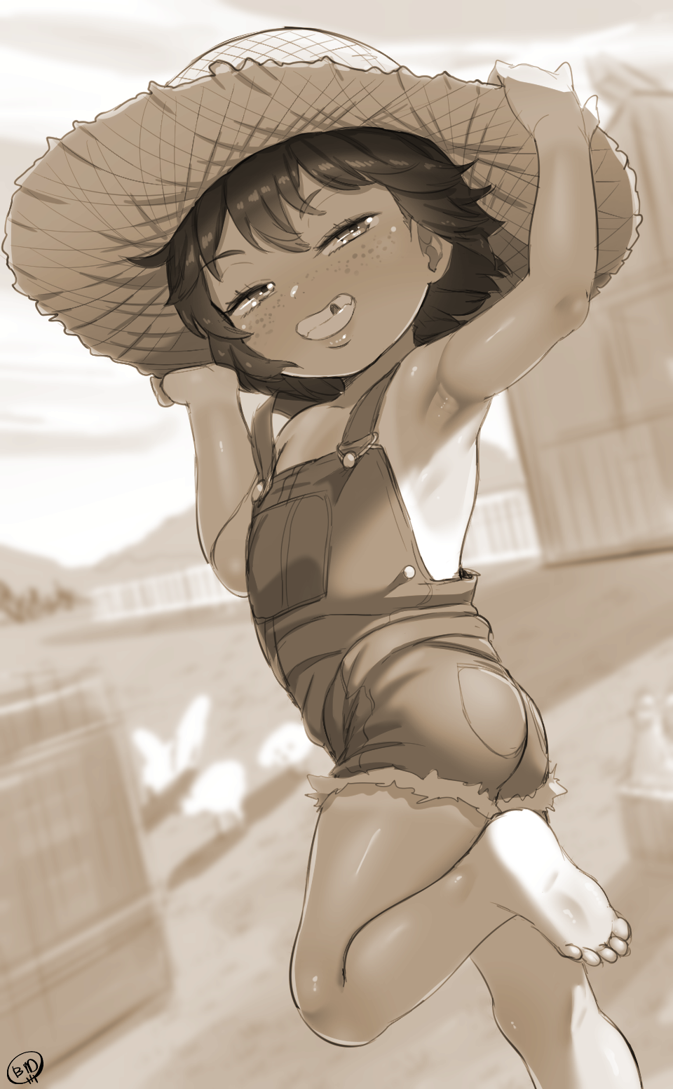 1girl, animal, ass, barefoot, barn, bird, blush, born-to-die