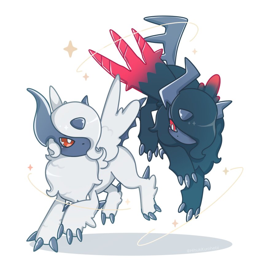 absol, absurdres, animal_focus, asymmetrical_horns, black_fur, black_hair, black_wings, blue_horns, body_fur, bright_pupils, claws, commentary, english_commentary, feathered_wings, full_body, gen_3_pokemon, hair_over_one_eye, highres, hitsukikurohebi, horns, mega_absol, mega_absol_z, mega_pokemon, nintendo, no_humans, one_eye_covered, pokemon, pokemon_(creature), pokemon_focus, red_eyes, red_fur, spoilers, star_(symbol), tail, uneven_horns, white_background, white_fur, white_hair, white_pupils, white_wings, wings