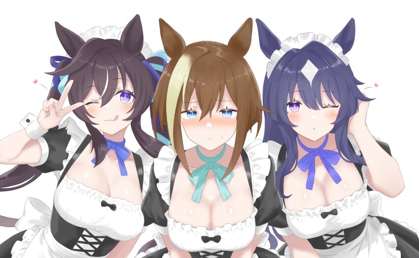 3girls, :3, animal_ears, apron, aqua_bow, black_corset, blue_bow, blue_eyes