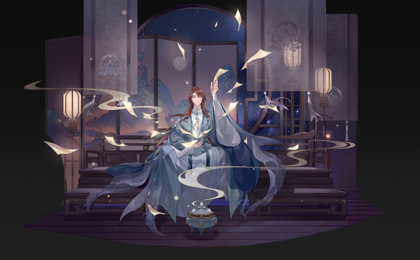 1boy, absurdres, aqua_coat, black_background, book, brown_eyes, brown_hair, chinese_clothes