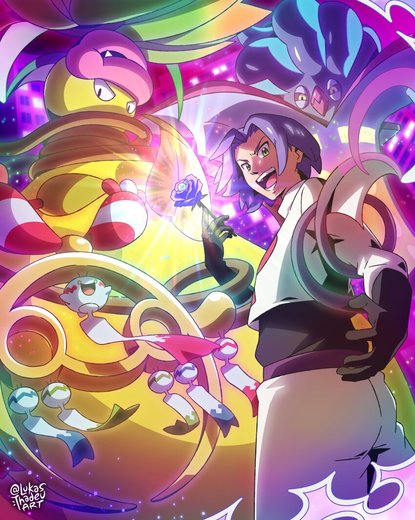 1boy, absurdres, beak, black_gloves, black_sclera, blue_hair, chimecho, closed_mouth, colored_sclera, colored_skin, commentary, english_commentary, fangs, flower, gen_1_pokemon, gen_3_pokemon, gen_6_pokemon, gloves, green_eyes, highres, holding, holding_flower, james_(pokemon), leaf, lukas_thadeu, malamar, mega_chimecho, mega_malamar, mega_pokemon, mega_stone, mega_victreebel, nintendo, open_mouth, pants, pink_lips, plant, pokemon, pokemon_(anime), pokemon_(classic_anime), pokemon_(creature), pokemon_legends:_z-a, shirt, smile, squid, team_rocket, team_rocket_uniform, teeth, tentacles, victreebel, vines, white_pants, white_shirt, wind_chime, yellow_eyes, yellow_sclera, yellow_skin