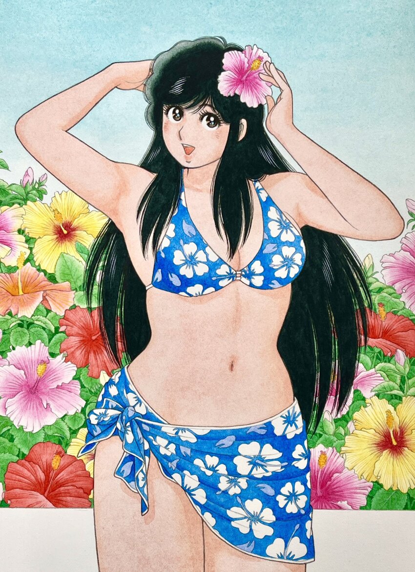 1girl, arm_up, armpits, asaoka_natsumi, bikini, black_hair, blue_bikini, blue_sarong