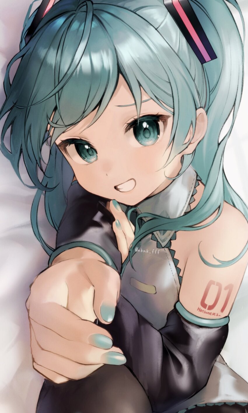 1girl, aqua_eyes, aqua_hair, aqua_nails, aqua_necktie, aqua_trim, arm_tattoo, bare_shoulders