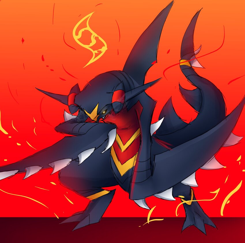 absurdres, black_sclera, bones_dio, claws, colored_sclera, commentary, dragon, fins, garchomp, gen_4_pokemon, highres, mega_evolution_symbol, mega_garchomp_z, mega_pokemon, nintendo, pokemon, pokemon_(creature), pokemon_focus, solo, spoilers, tail, yellow_eyes