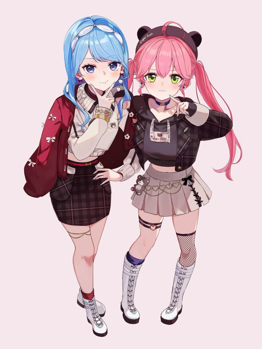 2girls, :3, ahoge, animal_ear_headwear, arm_on_another's_shoulder, aya02ka, beret, black_hat, blue_choker, blue_eyes, blue_hair, blue_socks, boots, brown_jacket, brown_skirt, cardigan, cardigan_on_shoulders, choker, closed_mouth, commentary_request, cropped_hoodie, cropped_jacket, cropped_sweater, double-parted_bangs, earrings, fake_animal_ears, full_body, green_eyes, grey_background, grey_hoodie, grey_skirt, hair_between_eyes, hand_on_own_hip, hand_up, hat, heart, heart_o-ring, highres, hololive, hood, hoodie, hoshimachi_suisei, hoshimachi_suisei_(micomet), jacket, jewelry, knee_boots, long_hair, looking_at_viewer, midriff, miniskirt, multiple_girls, o-ring, o-ring_thigh_strap, official_alternate_costume, official_alternate_hairstyle, pink_hair, plaid_clothes, plaid_jacket, plaid_skirt, pleated_skirt, pom_pom_(clothes), pom_pom_earrings, red_cardigan, red_socks, sakura_miko, sakura_miko_(micomet), sidelocks, simple_background, single_fishnet_legwear, single_thighhigh, skirt, smile, socks, star_(symbol), star_in_eye, sweater, symbol_in_eye, thigh_strap, thighhighs, thighlet, twintails, v, virtual_youtuber, white_boots, white_sweater