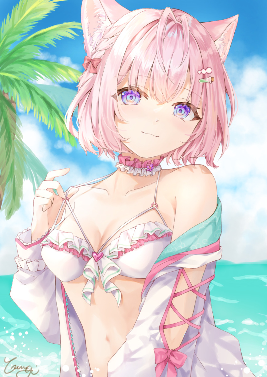 1girl, :3, animal_ear_fluff, animal_ears, antenna_hair, bare_shoulders, bikini, blue_eyes