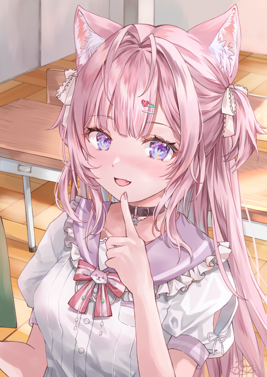 1girl, :d, absurdres, animal_ear_fluff, animal_ears, black_choker, blue_eyes, blunt_bangs