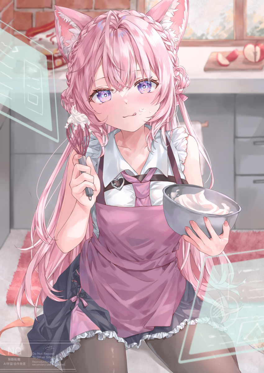 1girl, :3, :q, absurdres, animal_ear_fluff, animal_ears, antenna_hair, apron, bare_shoulders, black_pantyhose, black_skirt, blush, braid, closed_mouth, collared_shirt, commentary_request, cooking, cream, crown_braid, double_bun, eyelashes, food, food_on_face, frilled_skirt, frills, hair_between_eyes, hair_bun, hakui_koyori, hands_up, heart, highres, holding, holding_whisk, hololive, indoors, kitchen, knees_out_of_frame, long_hair, looking_at_viewer, nail_polish, necktie, on_floor, pantyhose, pink_apron, pink_hair, pink_nails, pink_necktie, purple_eyes, shirt, sitting, skirt, sleeveless, sleeveless_shirt, smile, solo, tongue, tongue_out, tsumugi-t, valentine, very_long_hair, virtual_youtuber, wariza, watermark, whisk, white_shirt, window, wolf_ears, wolf_girl