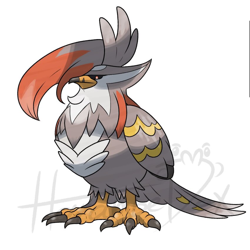 animal_focus, artist_name, bird, black_sclera, colored_sclera, gen_4_pokemon, grey_feathers, harambedex, highres, mega_pokemon, mega_staraptor, nintendo, no_humans, official_style, pokemon, pokemon_(creature), pokemon_focus, red_eyes, staraptor, talons, v-shaped_eyes