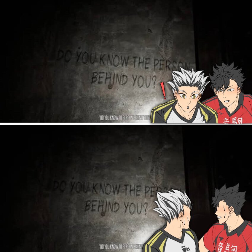 !, 2boys, black_hair, bokuto_koutarou, caption, collared_shirt, commentary, do_you_know_the_person_behind_you?_(meme)