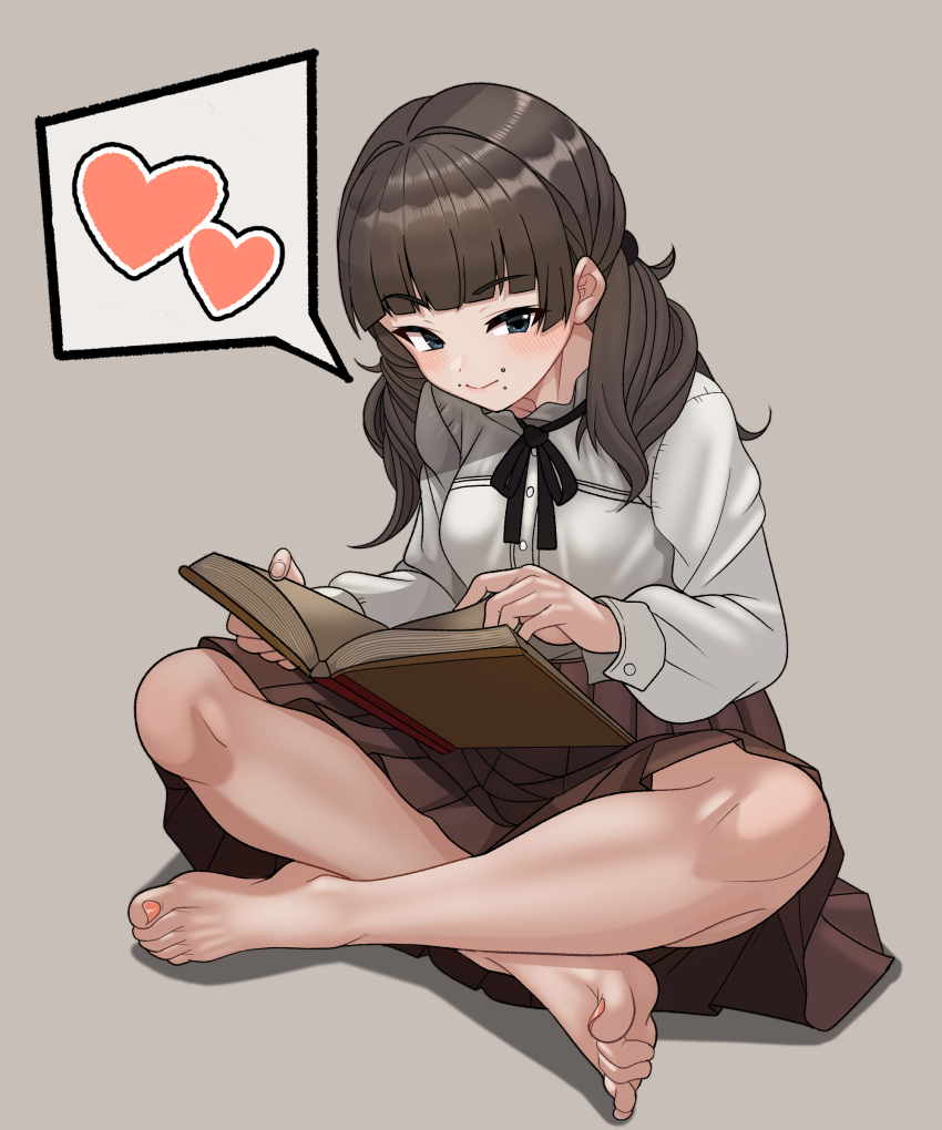 1girl, absurdres, barefoot, black_eyes, black_ribbon, blunt_bangs, blush, book, brown_hair, closed_mouth, commentary_request, face_piercing, fear_&amp;_hunger_(series), fear_&amp;_hunger_2:_termina, feet, full_body, grey_background, heart, highres, holding, holding_book, indian_style, legs, long_hair, long_sleeves, looking_at_viewer, marina_(fear_&amp;_hunger), minami_no_uo-za, mouth_piercing, nail_polish, neck_ribbon, open_book, piercing, pink_skirt, pleated_skirt, reading, ribbon, shadow, shirt, simple_background, sitting, skirt, smile, solo, spoken_heart, sweat, teeth, toenail_polish, toenails, toes, white_shirt