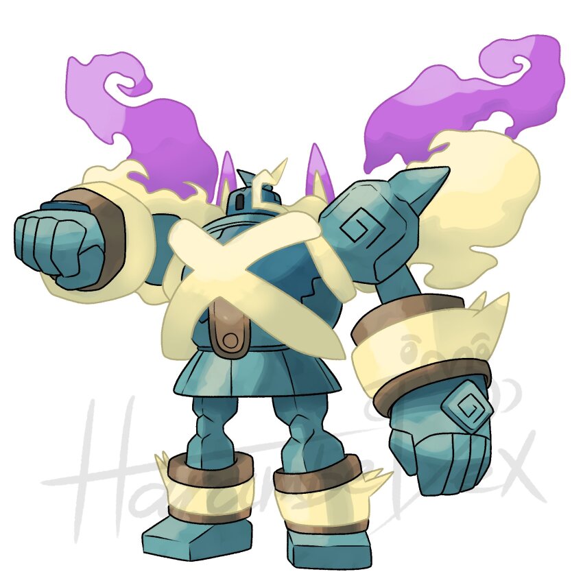 aqua_skin, armor, artist_name, asymmetrical_eyes, clay, colored_sclera, colored_skin, gas, gen_5_pokemon, ghost, glowing, golem, golurk, harambedex, highres, mega_golurk, mega_pokemon, nintendo, no_humans, official_style, pokemon, pokemon_(creature), pokemon_focus, sand, shoulder_pads, sugimori_ken_(style), yellow_eyes, yellow_trim