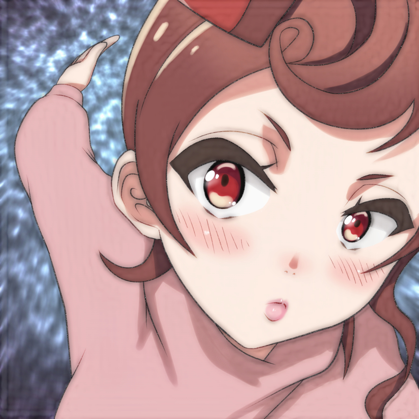 1girl, blue_background, blush, brown_hair, highres, imminent_slap, long_sleeves, looking_at_viewer, pink_sweater, red_eyes, short_hair, sweater, t_jiroo_(ringofriend), upper_body, yuugiri_(zombie_land_saga), zombie_land_saga
