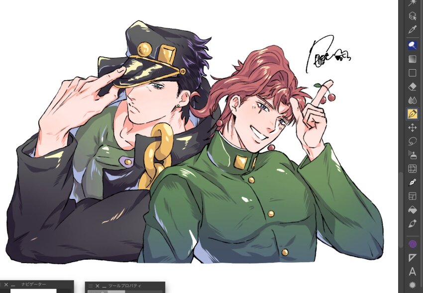 2boys, adjusting_clothes, adjusting_headwear, black_coat, black_hair, black_hat, chain, cherry, cherry_earrings, closed_mouth, coat, commentary_request, cropped_torso, earrings, food, food-themed_earrings, food_themed_earrings, fruit, gakuran, gold_chain, green_coat, green_eyes, green_shirt, grin, hand_on_headwear, hand_up, hat, high_collar, highres, holding, holding_food, holding_fruit, jewelry, jojo_no_kimyou_na_bouken, kakyoin_noriaki, kotogre, kuujou_joutarou, long_sleeves, looking_at_viewer, male_focus, multiple_boys, muscular, muscular_male, peaked_cap, pectorals, red_hair, scar, scar_across_eye, scar_on_face, school_uniform, shirt, signature, smile, stardust_crusaders, teeth, upper_body, user_interface, white_background
