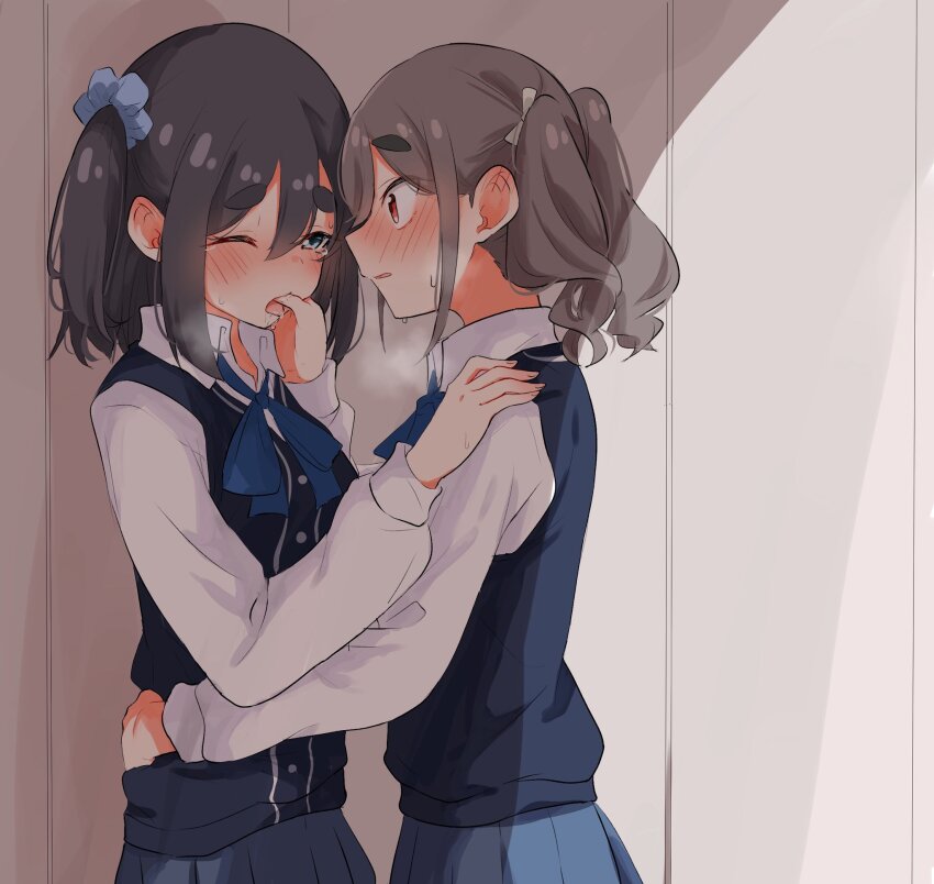 2girls, amamiya_satsuki_(mono), black_hair, blue_eyes, blue_skirt, blue_vest, blush, brown_hair