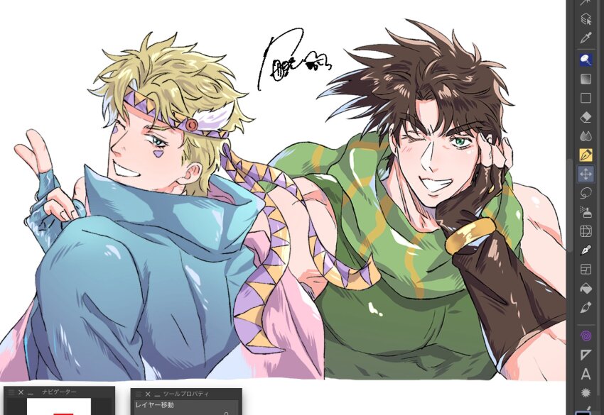 2boys, battle_tendency, blonde_hair, blue_eyes, blue_gloves, blue_jacket, bracelet, brown_gloves, brown_hair, caesar_anthonio_zeppeli, commentary_request, facial_mark, feather_hair_ornament, feathers, fingerless_gloves, gloves, green_eyes, green_scarf, green_shirt, grin, hair_ornament, hand_on_own_face, head_rest, headband, highres, jacket, jewelry, jojo_no_kimyou_na_bouken, joseph_joestar, joseph_joestar_(young), kotogre, long_sleeves, male_focus, multicolored_scarf, multiple_boys, one_eye_closed, pink_scarf, popped_collar, purple_headband, scarf, shirt, signature, sleeveless, sleeveless_shirt, smile, striped_clothes, striped_scarf, triangle_print, user_interface, v, vertical-striped_clothes, vertical-striped_scarf, yellow_headband, yellow_scarf