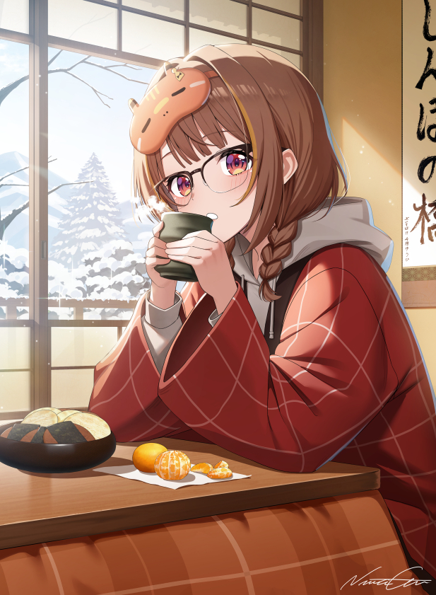1girl, black-framed_eyewear, blush, braid, brown_hair, commentary_request, cup, glasses
