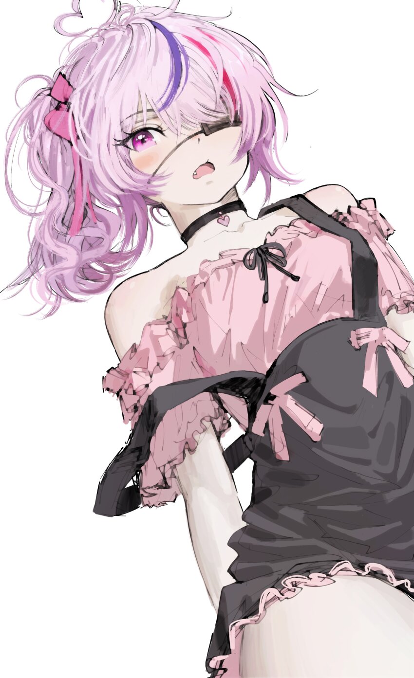 1girl, absurdres, ahoge, bare_shoulders, black_choker, blush, choker, d:, dress, eyepatch, fang, hashtag-only_commentary, heart, heart_ahoge, highres, looking_at_viewer, maria_marionette, maria_marionette_(farmer), multicolored_hair, nijisanji, nijisanji_en, off-shoulder_dress, off_shoulder, open_mouth, pink_eyes, pink_hair, purple_hair, seeledayo, side_ponytail, simple_background, solo, strap_slip, streaked_hair, virtual_youtuber, white_background