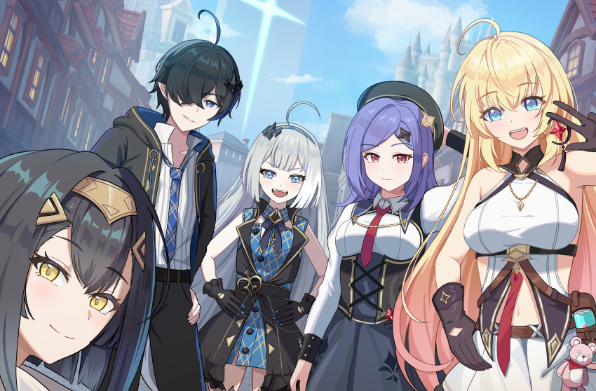 1boy, 4girls, :d, absurdres, ahoge, amber_(stella_sora), arm_at_side, beret