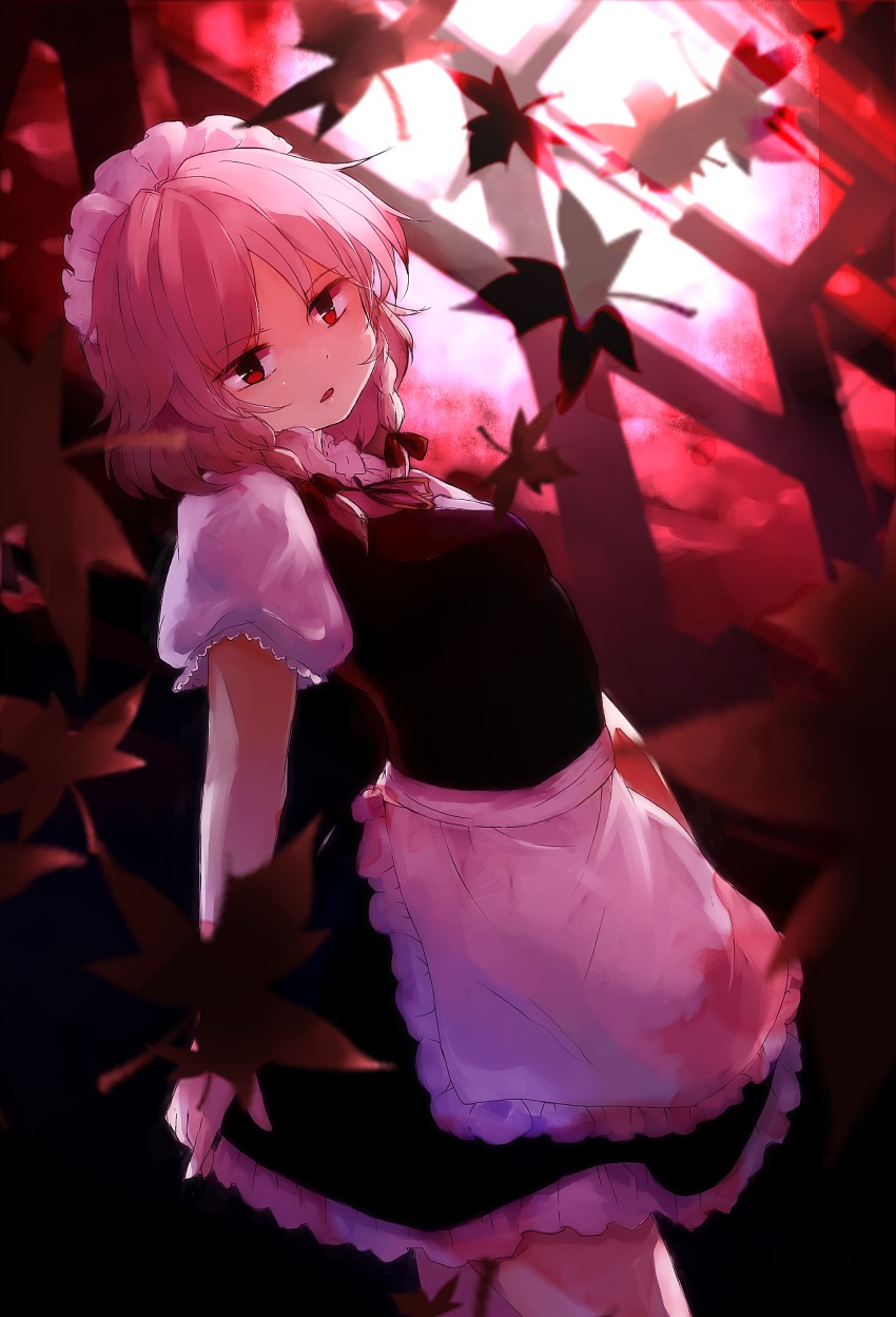 1girl, apron, autumn_leaves, bad_id, bad_pixiv_id, black_dress, braid, dress