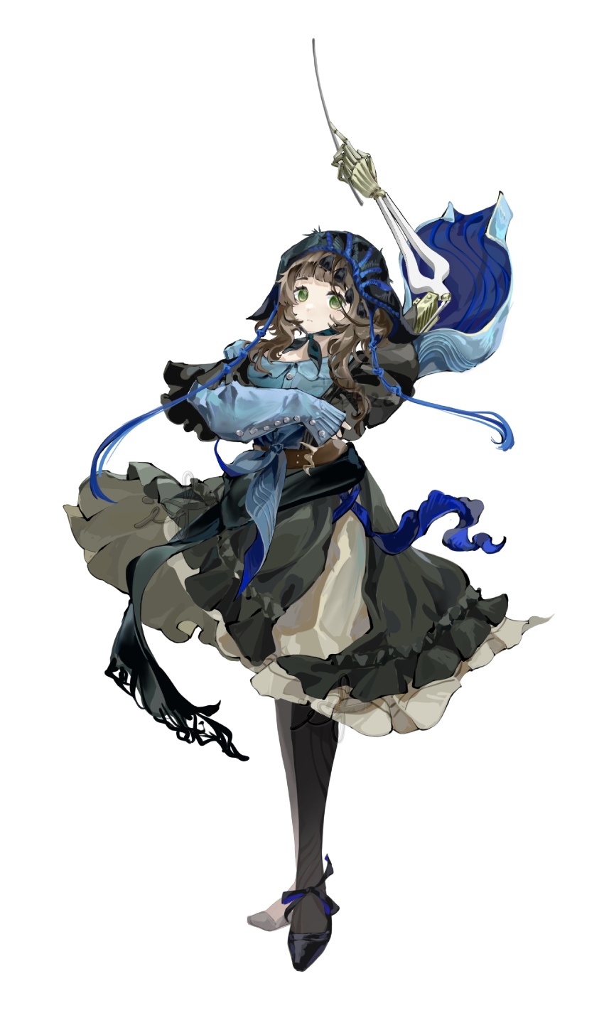 1girl, absurdres, arm_up, black_coif, black_pantyhose, black_shoes, black_skirt, blue_shirt