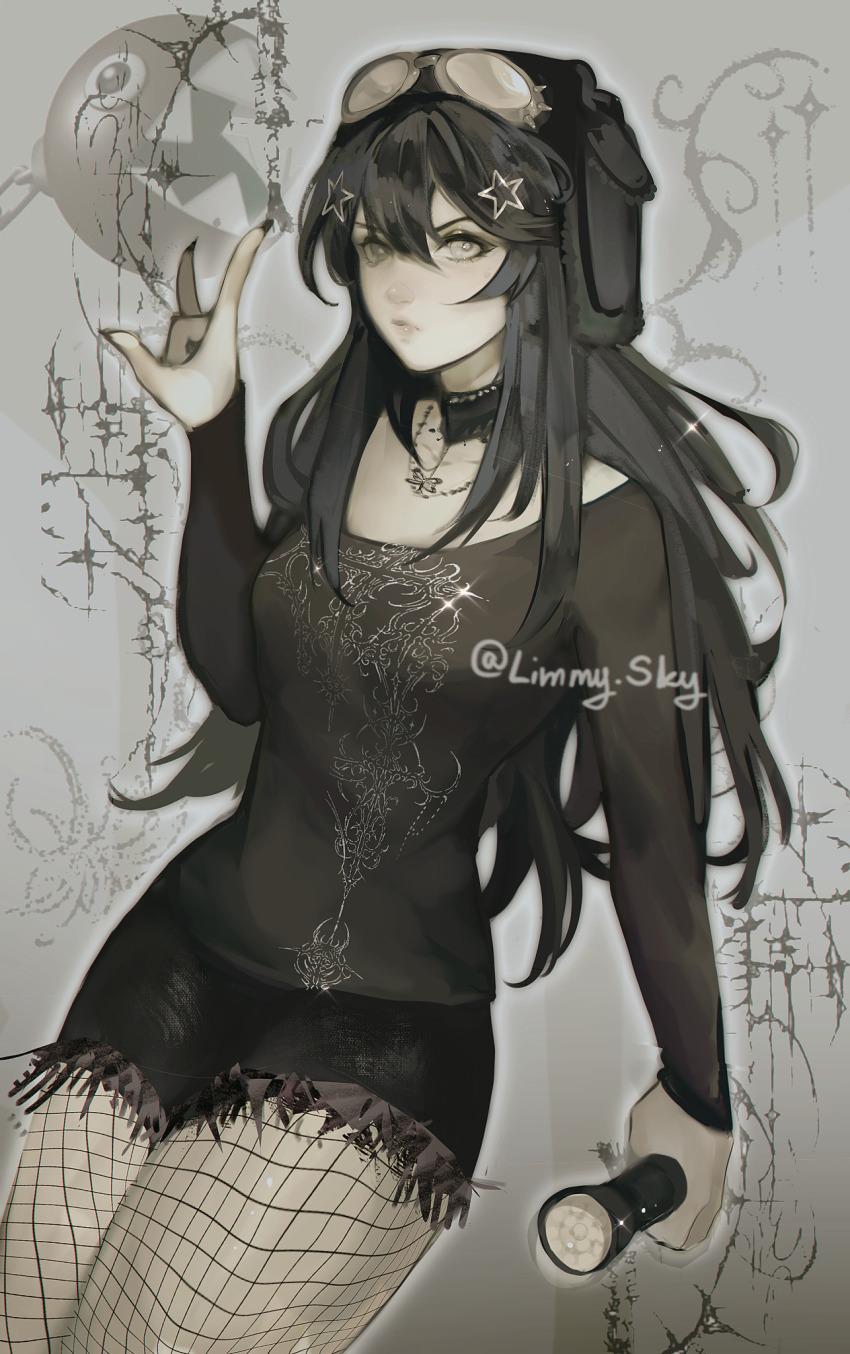 1girl, \m/, arm_at_side, bare_shoulders, black_hat, black_nails, black_shirt, black_shorts