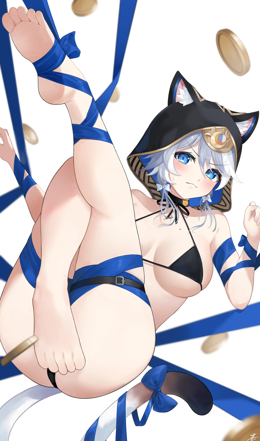 1girl, absurdres, alternate_costume, animal_ear_fluff, animal_ears, animal_hood, ass, barefoot