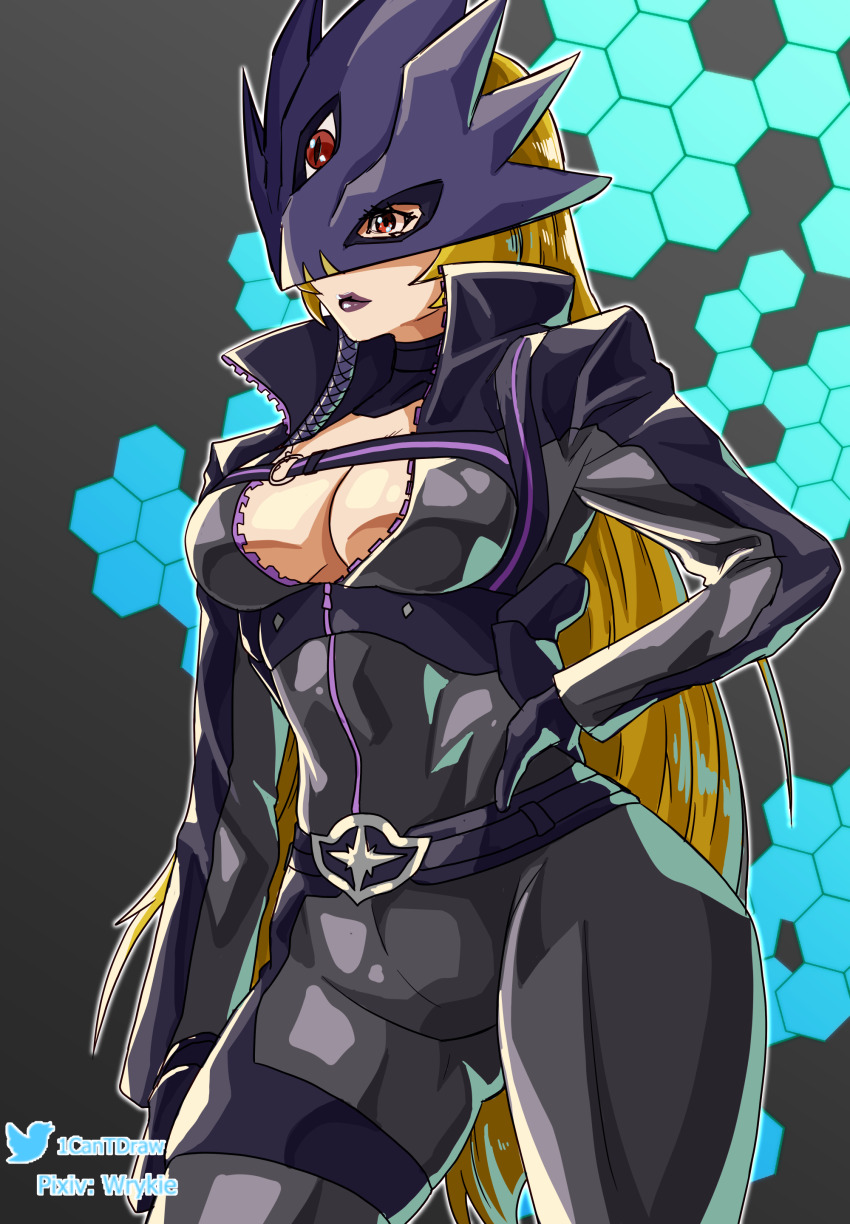 1girl, absurdres, beelstarmon, black_bodysuit, black_gloves, blonde_hair, blue_mask, bodysuit