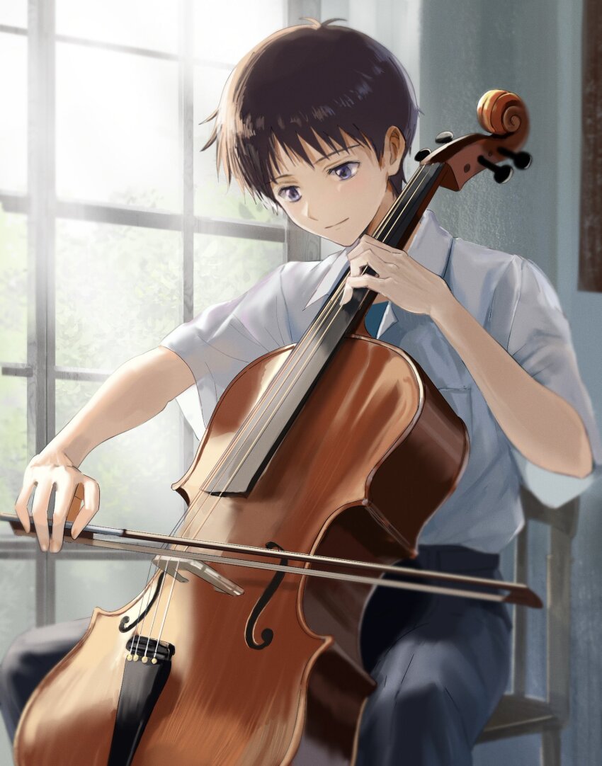 1boy, black_pants, blue_eyes, bow_(music), brown_hair, cello, chair, closed_mouth