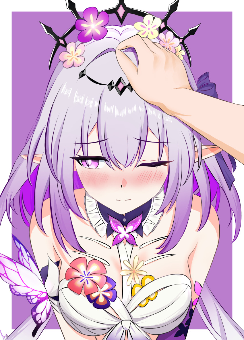 1girl, 1other, absurdres, abysssian, bare_shoulders, black_tiara, blush, border